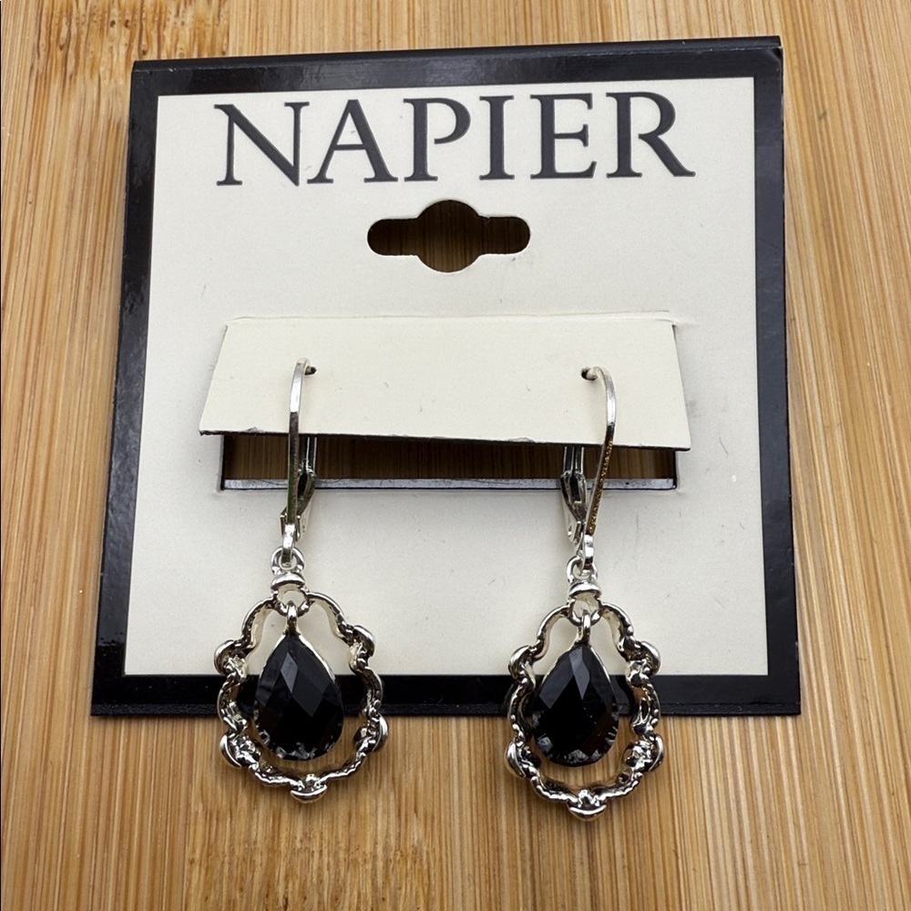 NWT Napier Silver and Black Framed Teardrop Earrings